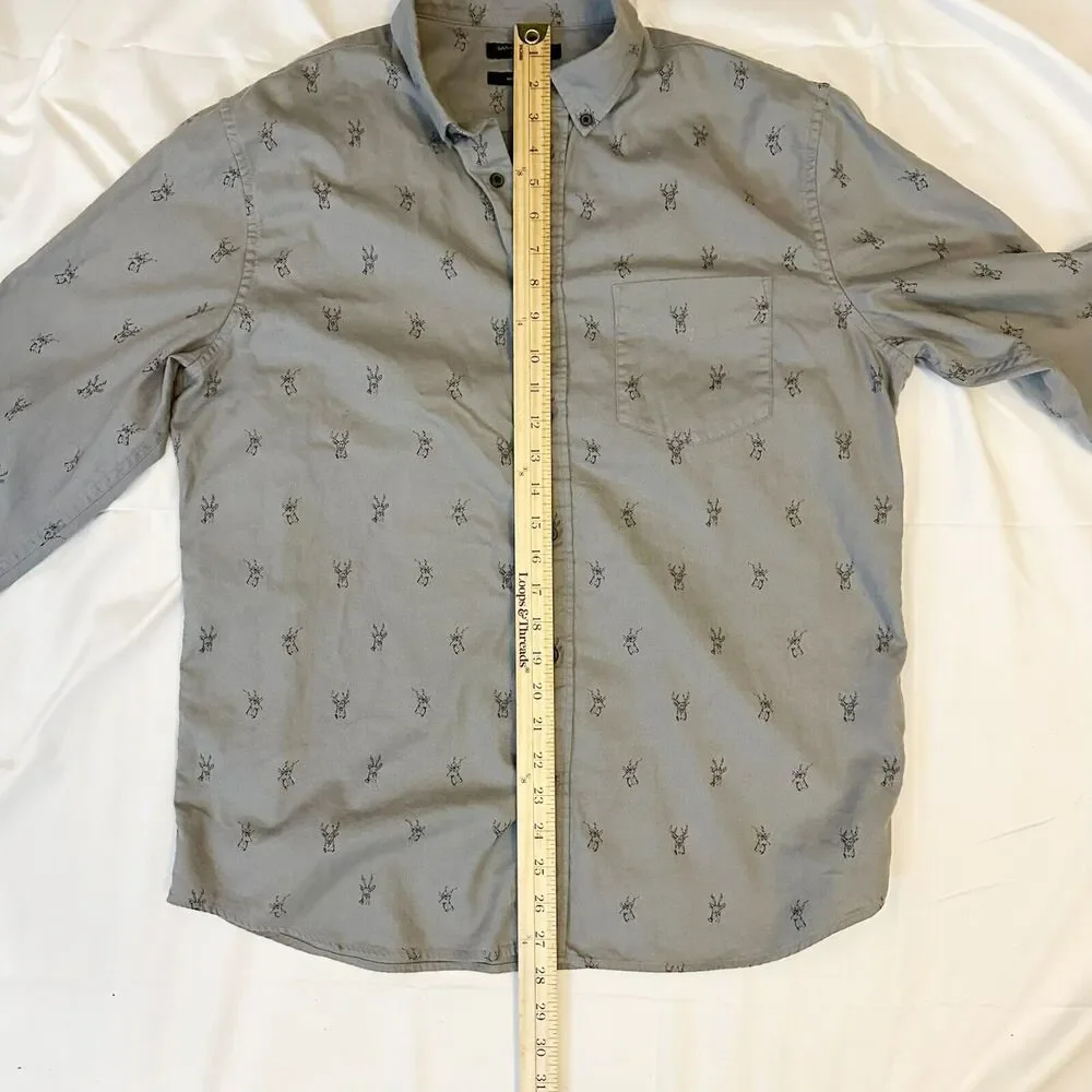 Banana Republic Luxe Flannel Shirt Mens Size L Gray Untucked Slim Fit Deer Stag